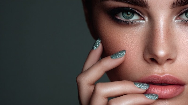 Silver glitter long-wear manicure on a model with deep green eyes