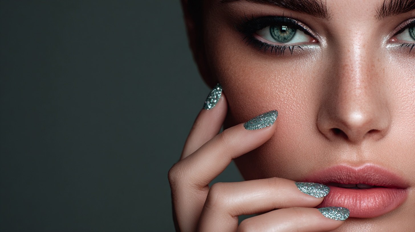 Beauty model with deep green eyes resting silver-glitter long-wear nails against her face