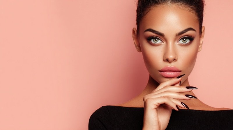 Glossy black almond-shape gel manicure on a model resting against her chin