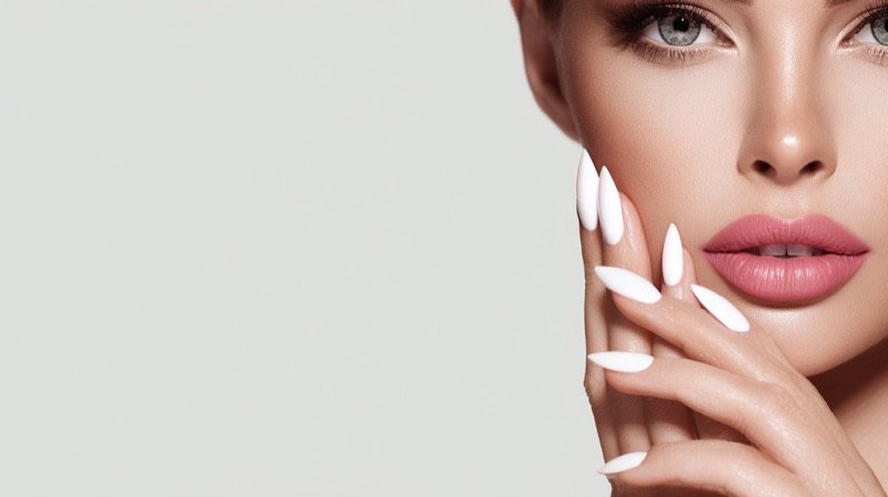 Elegant ivory pointed-tip manicure on a model resting fingertips against her cheek