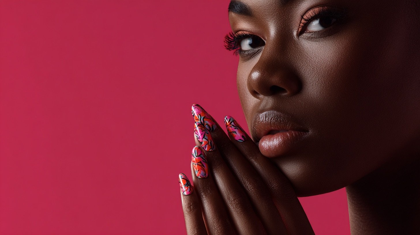 Model showing custom hand-painted floral nail art with rose detail on each fingertip