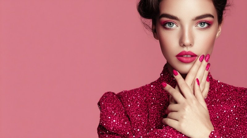 Vivid fuchsia statement manicure on a model in burgundy sequins