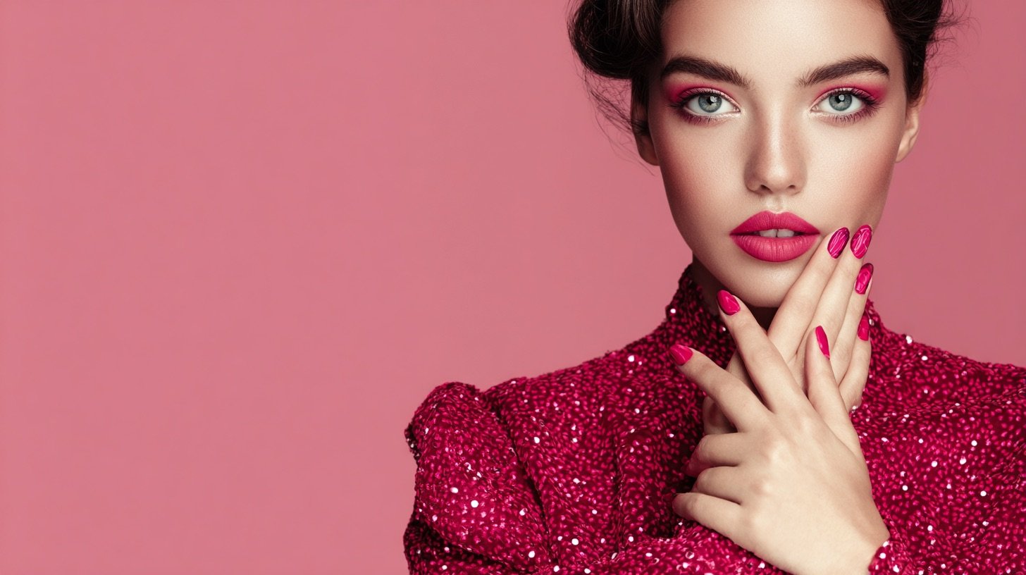 Model in burgundy sequin top with a vivid fuchsia manicure raised to her chin
